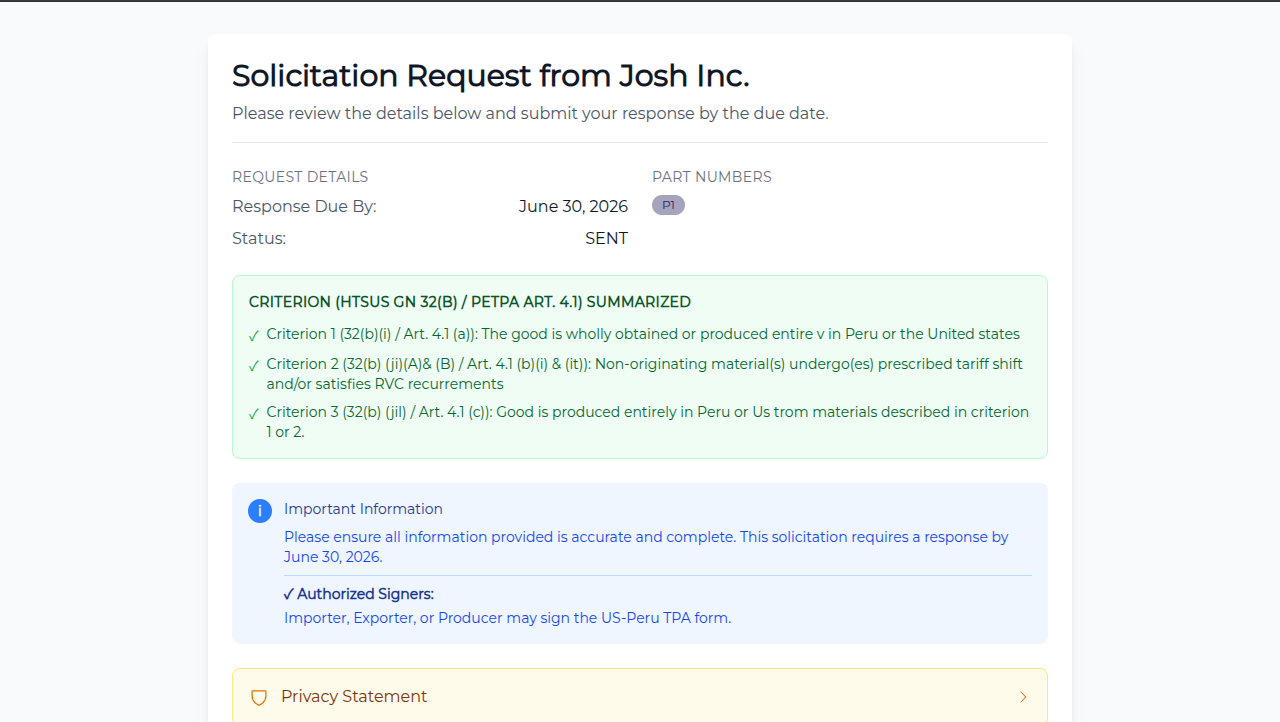 Supplier response screen