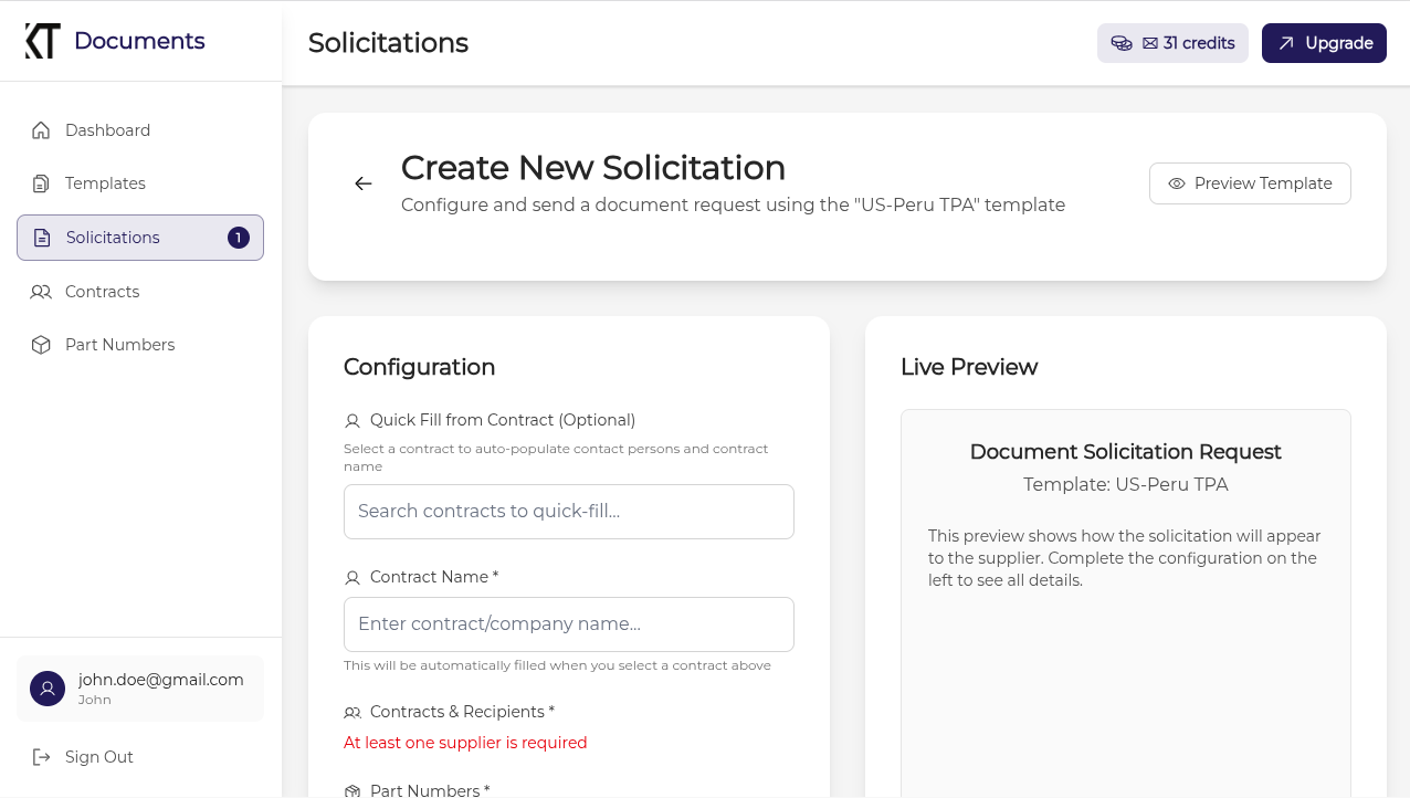 Template configuration screen