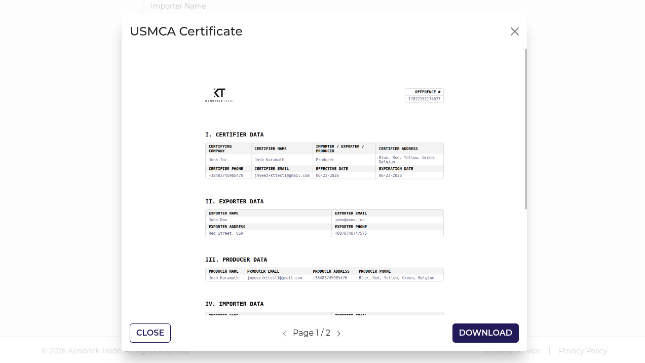 USMCA certificate of origin